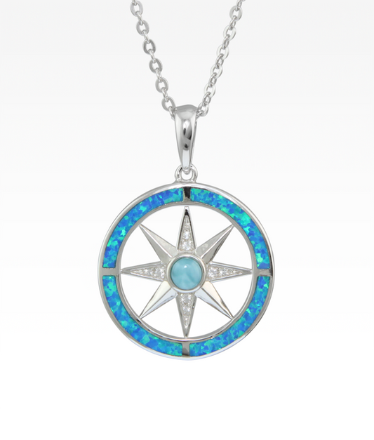 Opal and Larimar Compass Rose Necklace