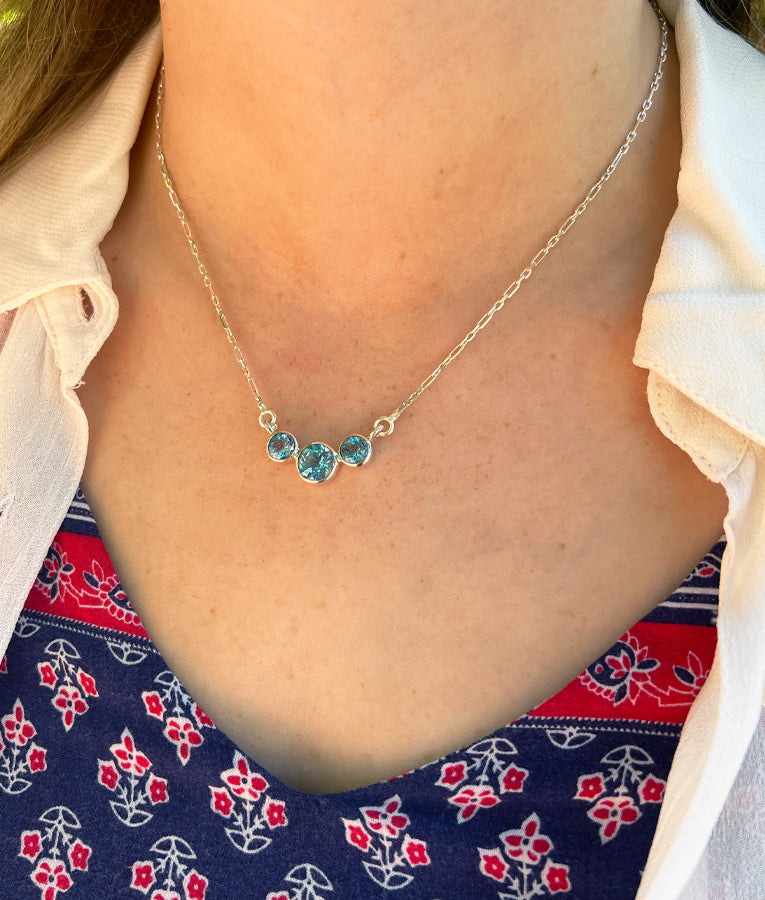 Blue Topaz Tri Stone Necklace