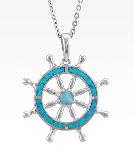 Opal and Larimar Ship's Wheel Necklace