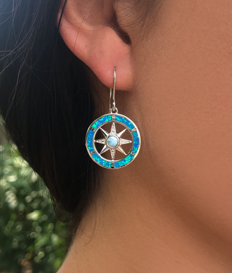 Opal and Larimar Compass Rose Earrings
