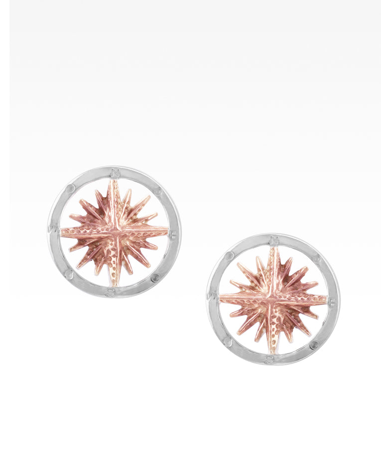 Rose Gold and Silver Compass Rose Earrings