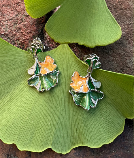 Enameled Ginkgo Earrings